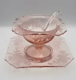 Pink Glass Condiment Set, 3 pcs with Bowl, Under Plate & Ladle, Etched Flowers