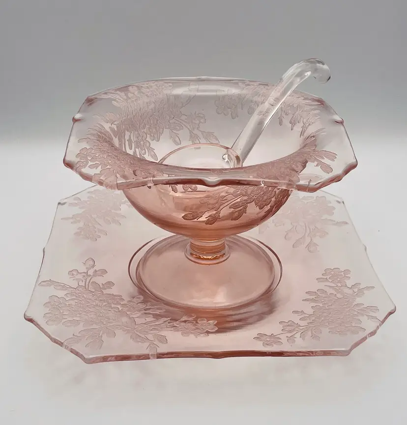 Pink Glass Condiment Set, 3 pcs with Bowl, Under Plate & Ladle, Etched Flowers