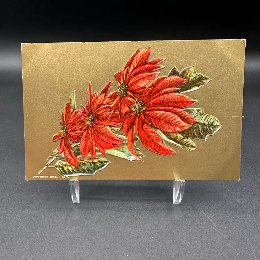 Red Poinsettia Antique Postcard Gold Chrome 1908 Unused