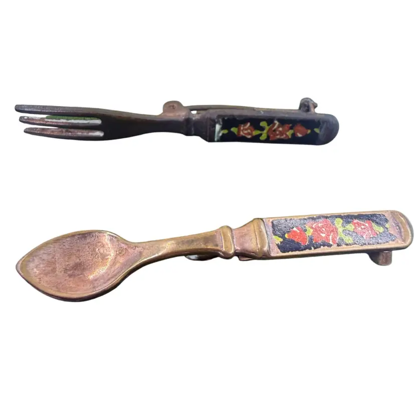 Fork and spoon pins, vintage brass tone with hand painted handles, black pink green, costume jewelry, culinary food utensils