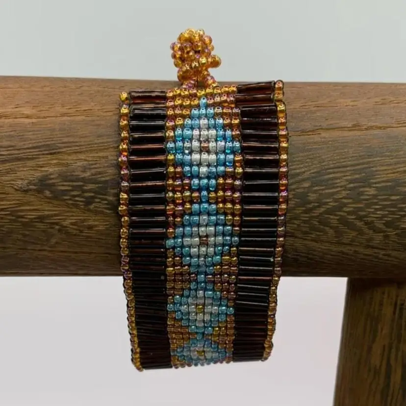 77. Browns & Teal Handmade Seed Bead Bracelet