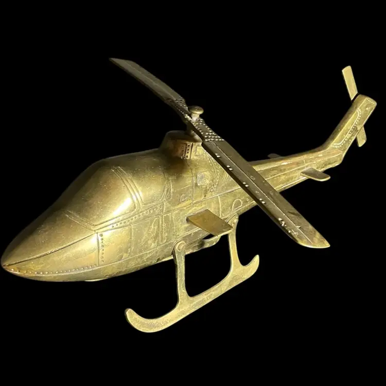 Vintage Penco Solid Brass Helicopter W/ Moving Propeller 17" Long Made In Korea