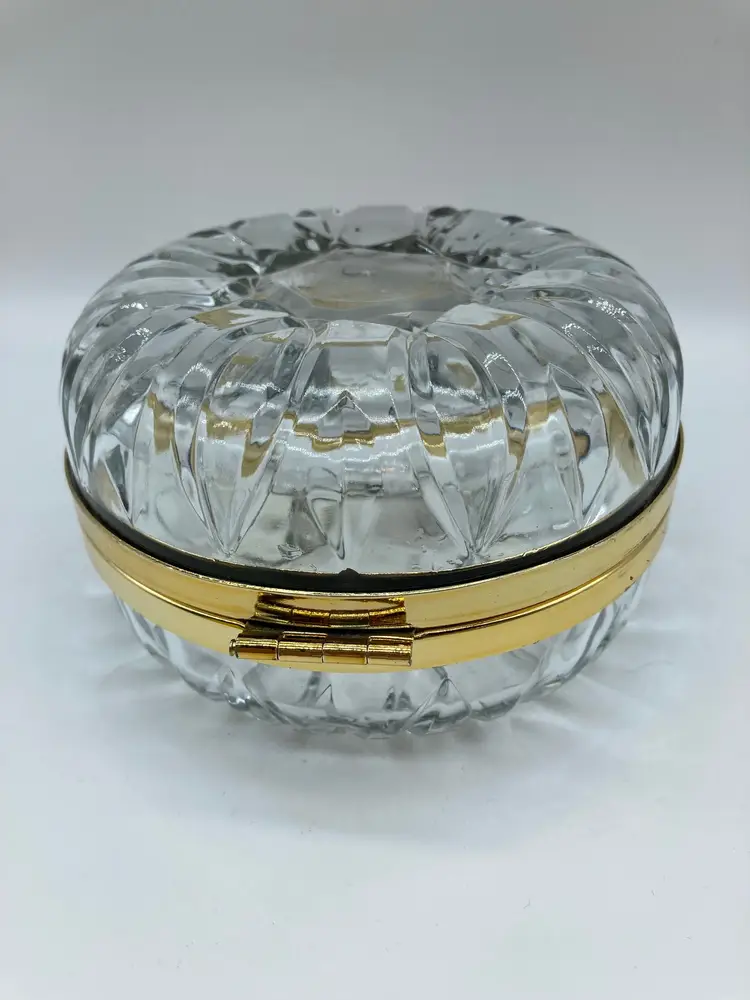 Vintage Cut Glass Crystal Round Gold Trim Bow Hinged Jewelry Trinket Box