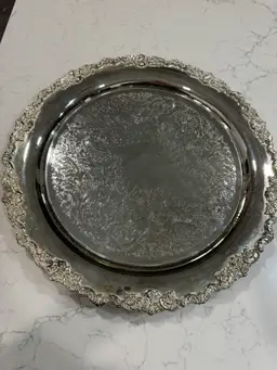 Large Vintage Silver Plated Round Serving Tray With Floral Etching