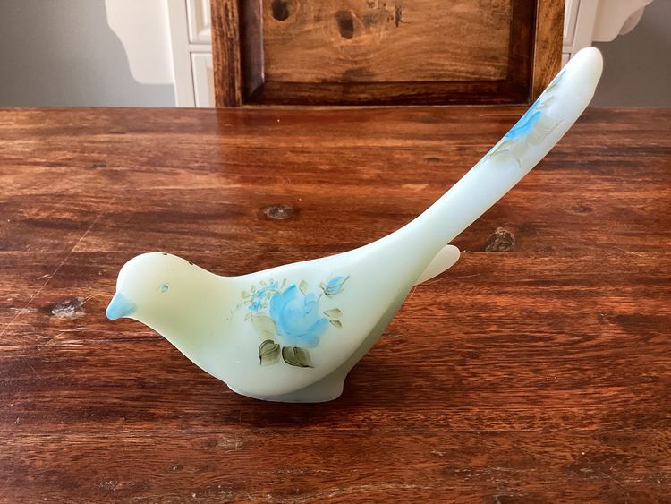2643-Vintage Fenton Handpained And Signed Bird, Blue Satin-Read, 6.75 X 5”