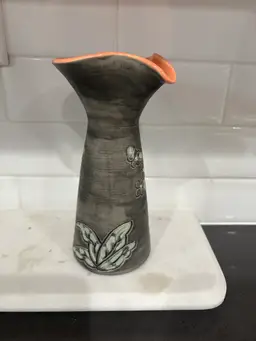 Art Pottery Vase Orange Glazed Inside Etching Outside  Signed