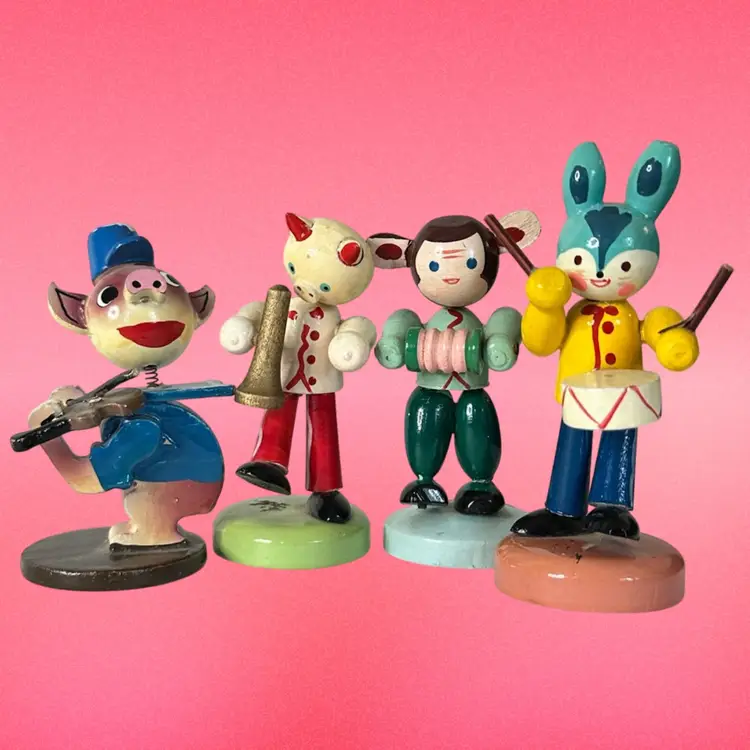 4 Mini Wooden Vtg Japan Animals Music Band Figurines Pigs, Bunny,  Monkey Kitsch Figurines Lot