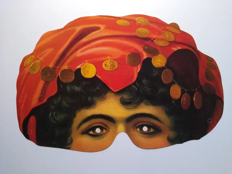 Vintage Paper Women Fortune Teller Turban Coin Mask Victorian Style Costume