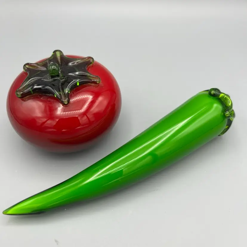 Vintage Handblown Art Glass Pepper & Tomato Green Red MCM Vegetable