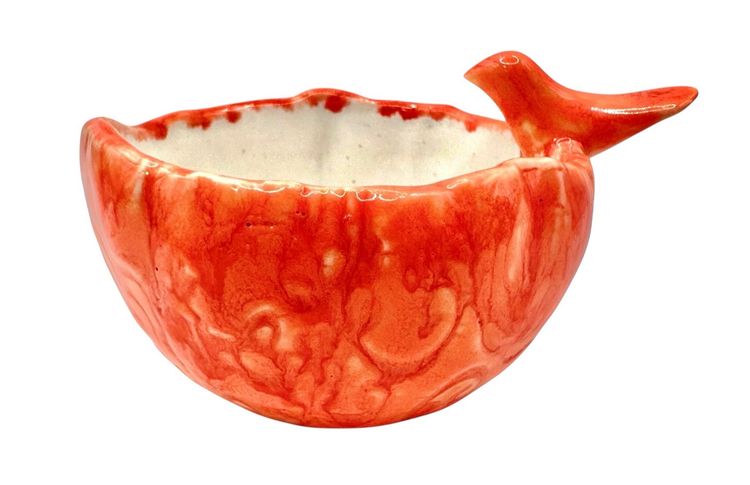 Studio Art Pottery Trinket Dish Salt Cellar Pinch Orange Bird Round Lace 2.5”
