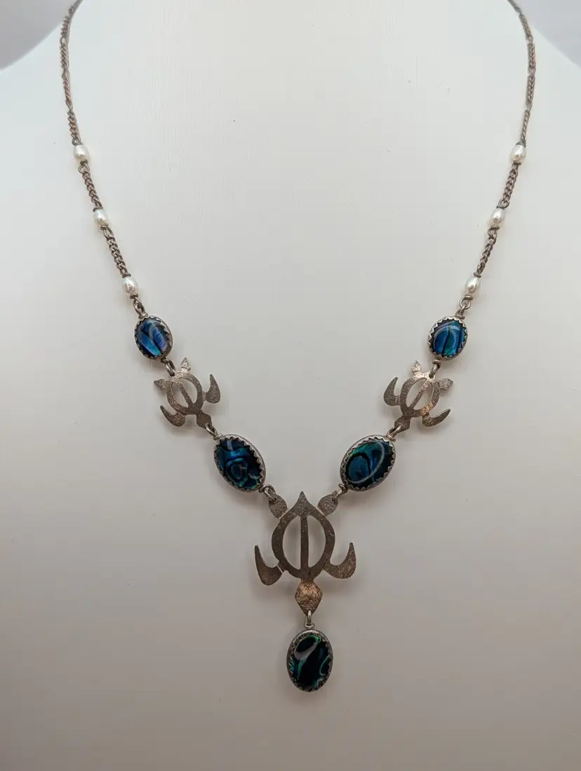 Handmade Artisan 925 Sterling Silver Abalone Pearl Sea Turtle Necklace