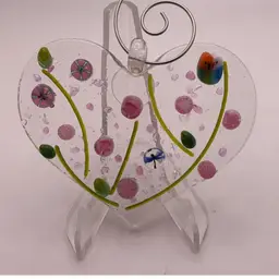 Made by Me! Fused Glass Ornament Heart with 3D Pink Flowers & Dragonfly 3" x 2.5" Handcrafted Studio Art