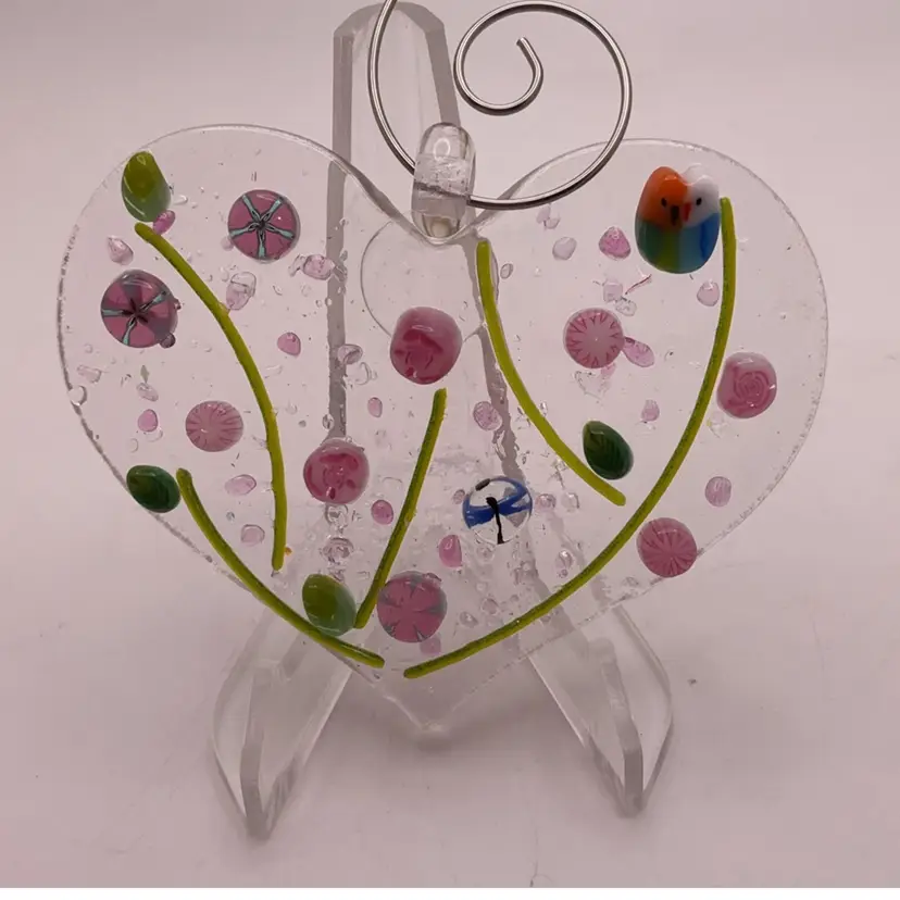 Made by Me! Fused Glass Ornament Heart with 3D Pink Flowers & Dragonfly 3" x 2.5" Handcrafted Studio Art