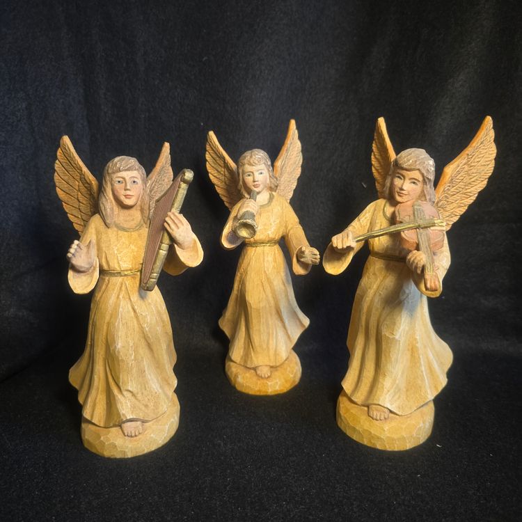 Enesco Mary Rhyner Musical Angel Trio – Set of 3 Angels Playing Harp • Violin • Horn (~8″)