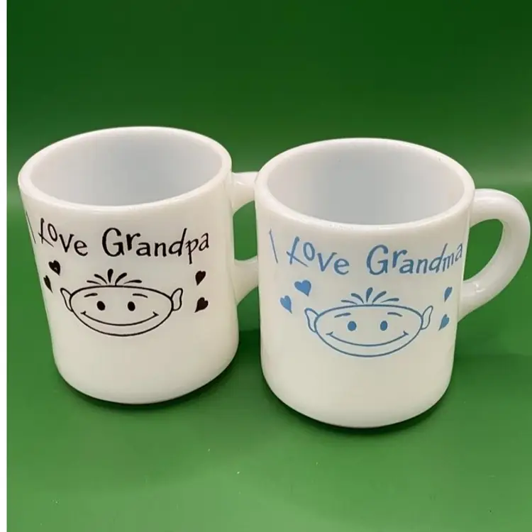 2 Vintage Hazel Atlas Milk Glass Mug Set I Love Grandma/Grandpa