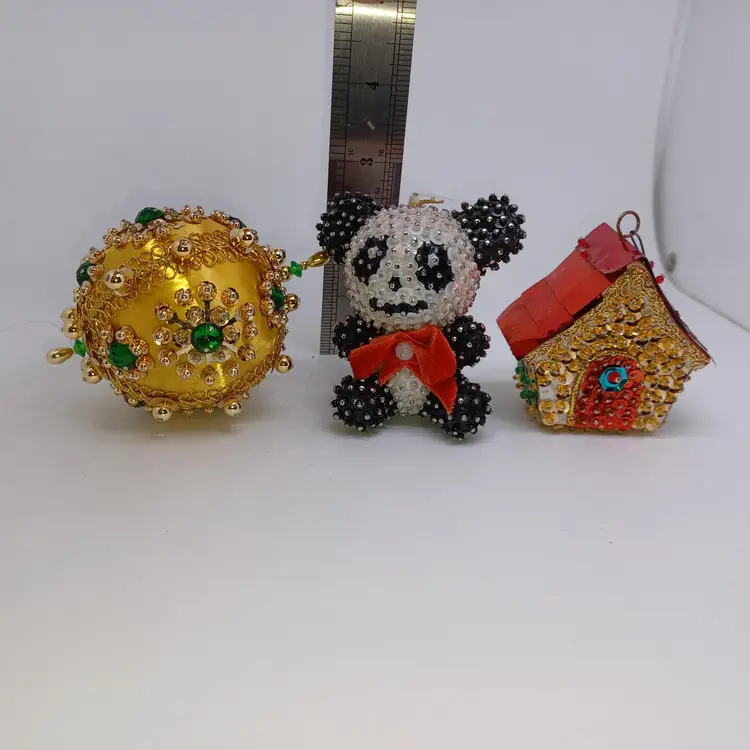 Vintage Lee Wards Completed Ornaments Panda, House, Green Gold Round 3 pieces