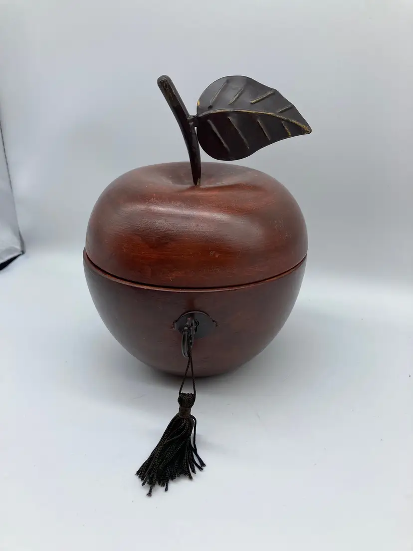 Apple Shaped Wood Tea Caddy With Metal Leaf and Faux Lock 5.5” x 7”