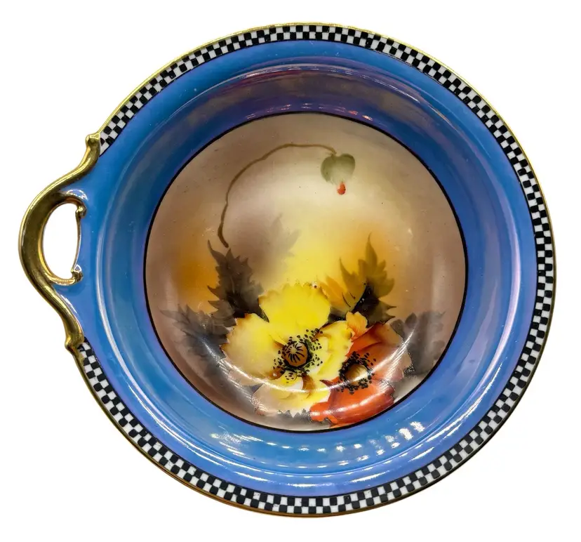 Vintage Noritake Morimura Bowl Poppies Blue Lustre Black White Check Trim 7.5”