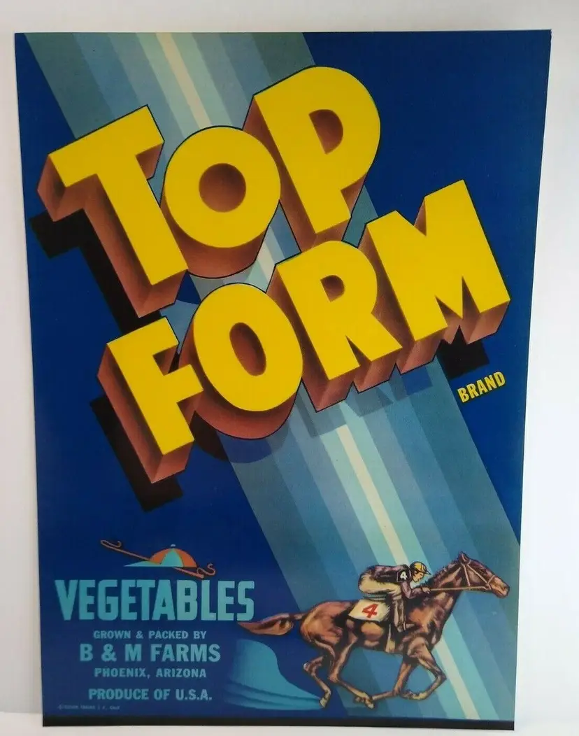 Top Form Horse Racing Jockey Vegetables Crate Label Vintage Original 1940's