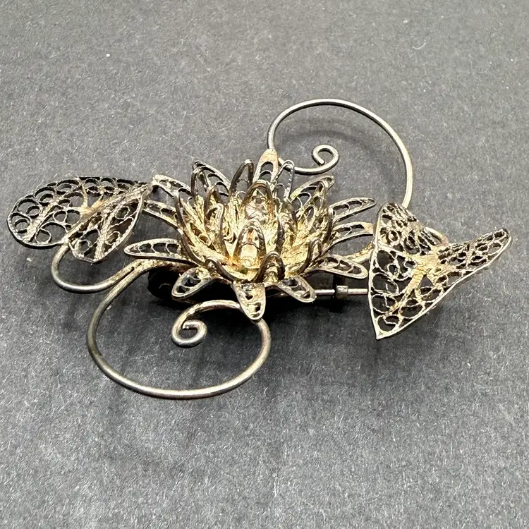 Antique Sterling Silver Filigree Work Floral Brooch 2.75”