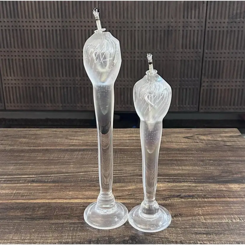 Vintage BRIAN MAYTUM 1986 Studio Art Glass iridescent oil lamp Signed Set Of 2