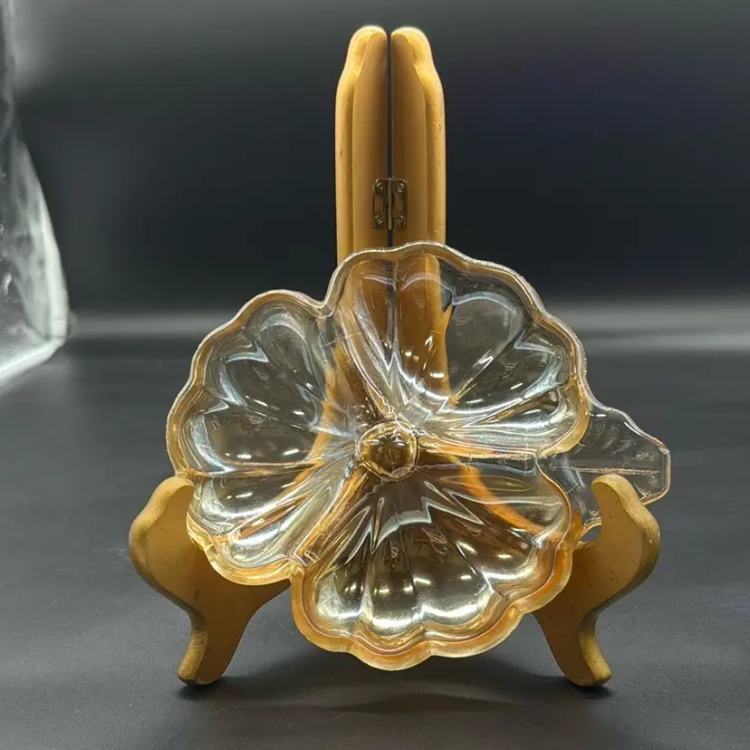 Vintage Depression Glass-Three Leaf Clover Amber Candy Dish-Irredescent