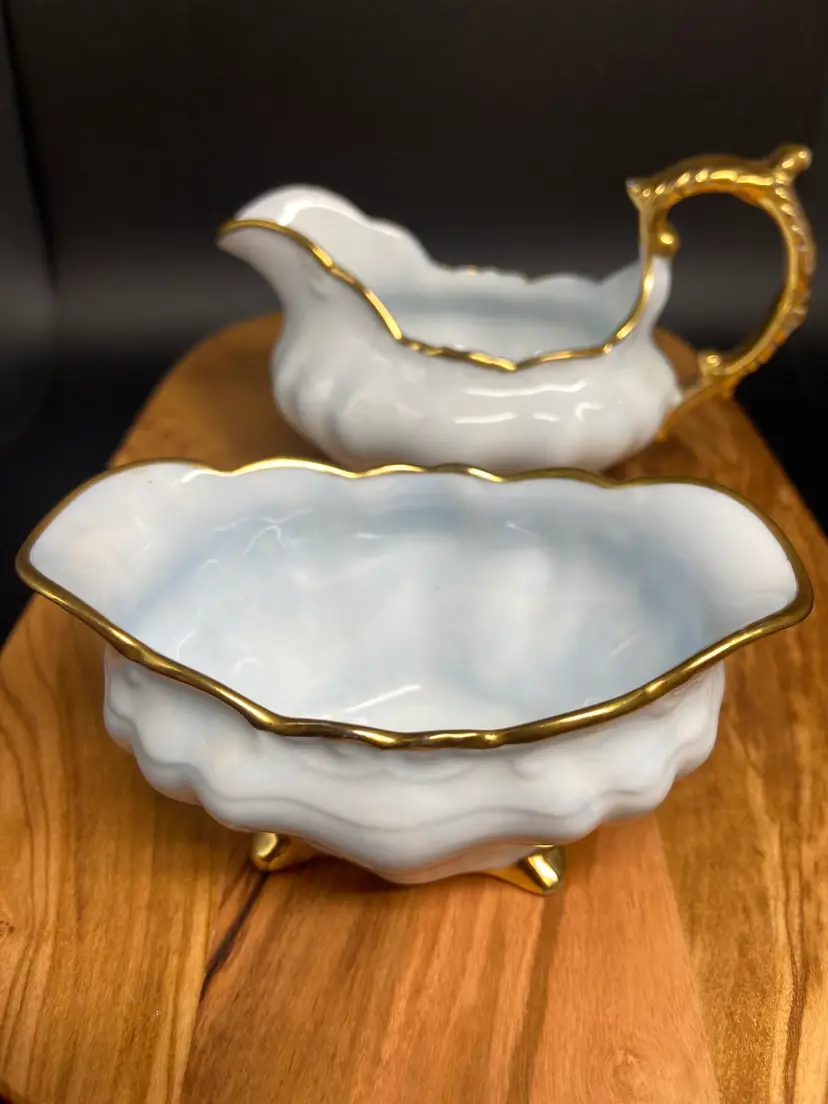 Aynsley Blue Crocus Vintage Bone China Creamer & Sugar Bowl Set w/ Gold Accents,