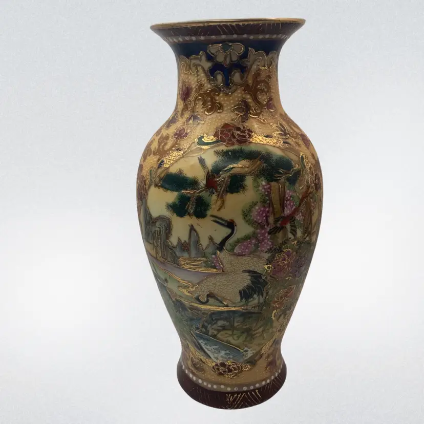 Vintage Japanese Satsuma Moriage Vase!  Handpainted Cranes and Raised Gold Detailing! 8” Tall!