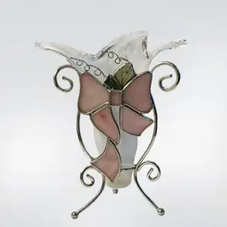 83 White art glass vase with pink ribbon stained glass holder