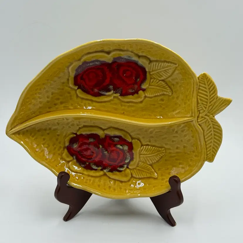 California USA Pottery Mustard & Red Mid Century Modern Vintage Ceramic Divided Candy Nut Dish
