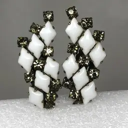 Vintage Milk Glass Clip On Earrings With Rhinestones