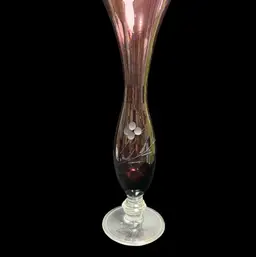 8" Vintage Amethyst Etched Glass Bud Vase w/ Clear Base