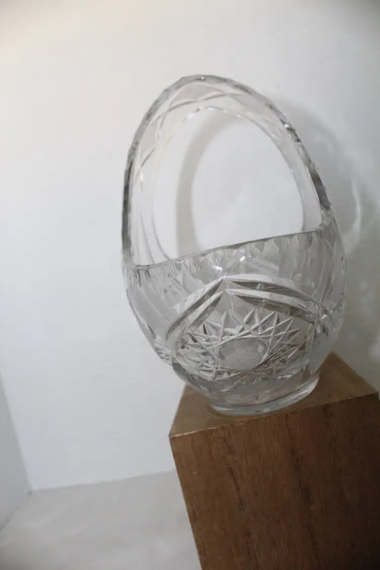 Vintage Polish Crystal Basket Cut Glass Candy Bowl Or Flower Vase Heavy Clear