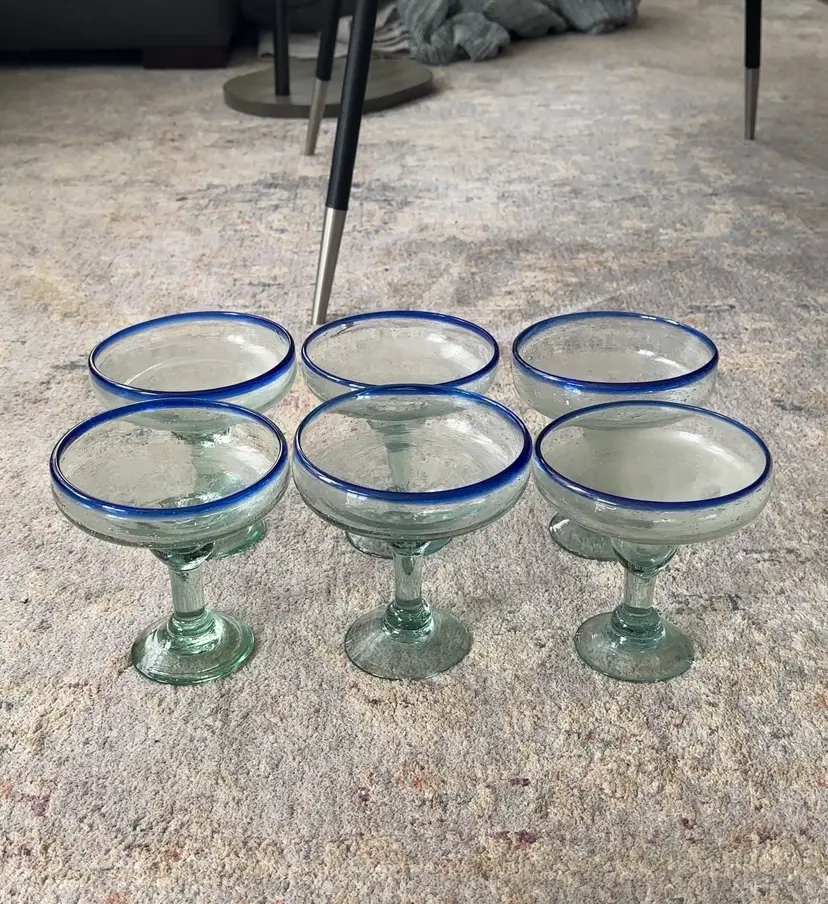 Set Of 6 Traditional Mexican Hand Blown Margarita Glasses With Cobalt Blue Rim