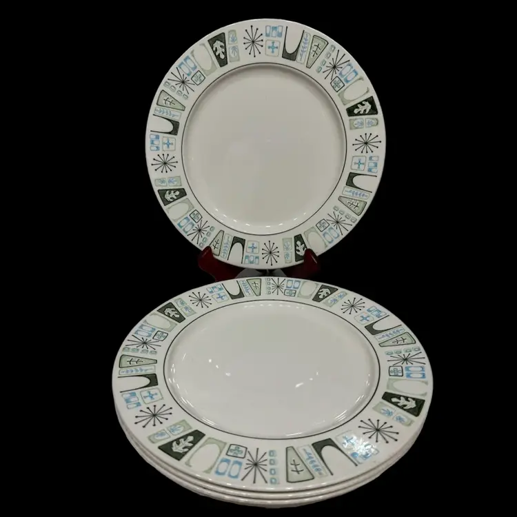 4 Taylor Smith & Taylor Atomic Starburst Taylorstone Cathay Oven Proof 10.5" Dinner Plates USA