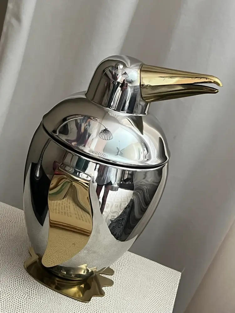 #02 - Pier One Sliver & Gold Penguin Ice Bucket W Tag 9.25 Inches Tall
