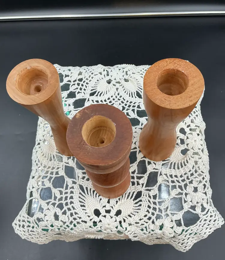 Set of 3 handmade turned wood candle holders, MCM style