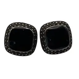 Vintage Judith Jack 925 Sterling Silver Marcasite Black Onyx Square Earrings