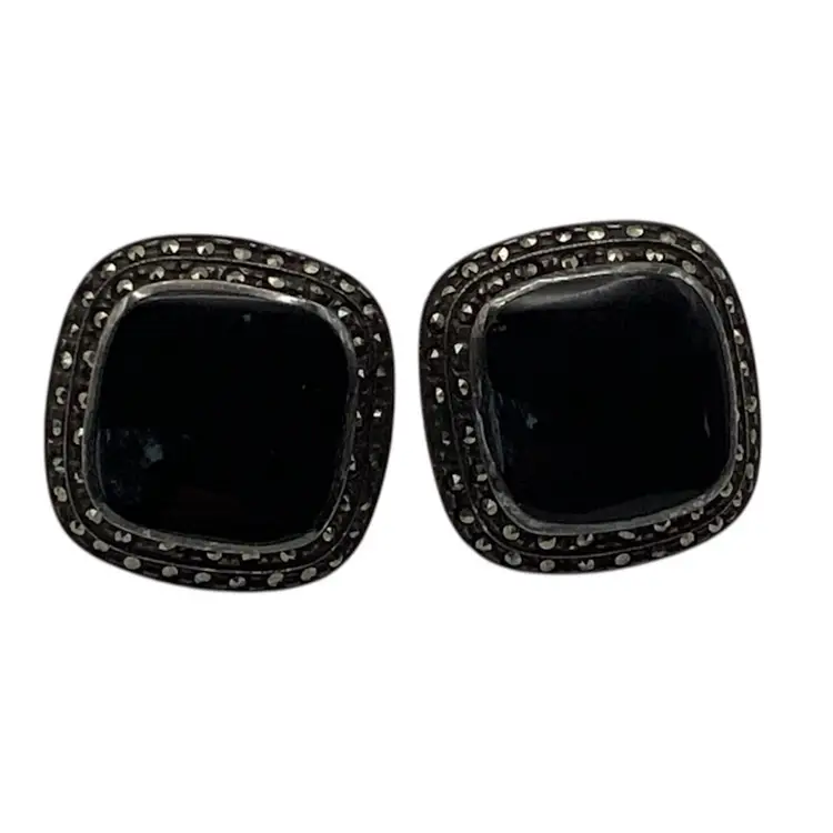 Vintage Judith Jack 925 Sterling Silver Marcasite Black Onyx Square Earrings
