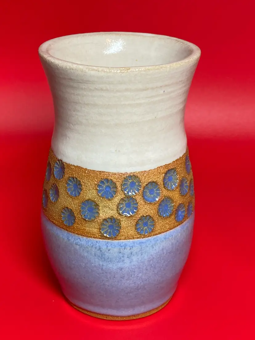 Cream & Blue Glaze Vase w/ Blue Daisy Like Flowers, 6" Tall