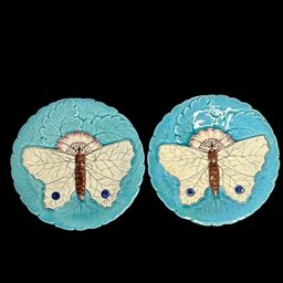 Two Antique 7-1/4” Majolica Ceramic Plates by Schutz Cilli Art Nouveau Design Turquoise With Ivory/Brown /Blue Moth/Butterfly 
READ