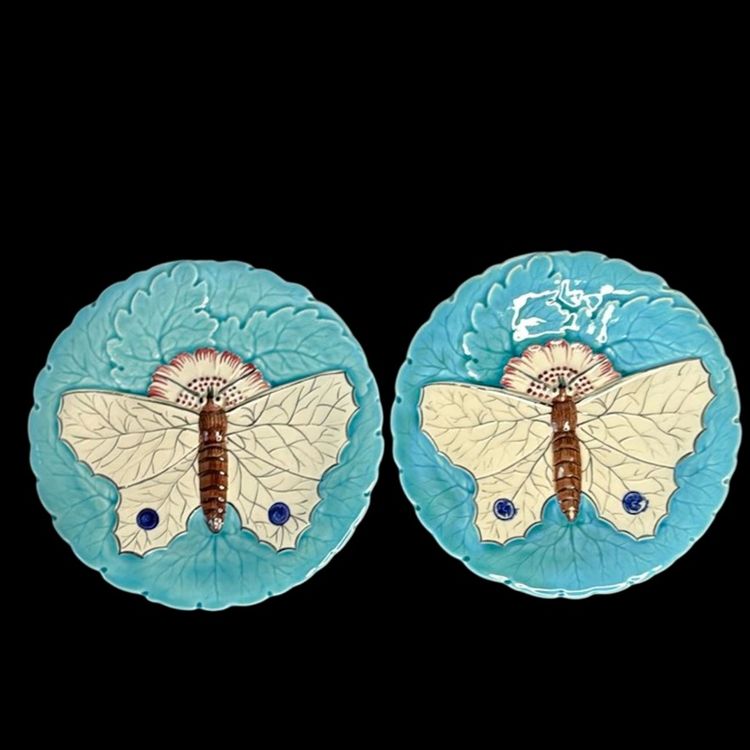 Two Antique 7-1/4” Majolica Ceramic Plates by Schutz Cilli Art Nouveau Design Turquoise With Ivory/Brown /Blue Moth/Butterfly 
READ