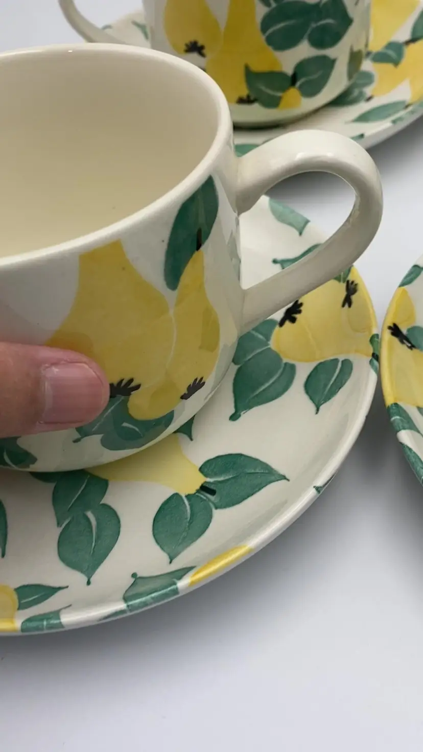 Vintage Grindley England Cup and Saucer Set of 4 Garden Fruits Pear Green Leaves Spring