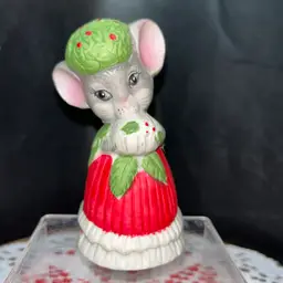 Vintage 1980 Jasco Bisque Porcelain Critter Bell-Christmas Mouse Bell-Made In Taiwan