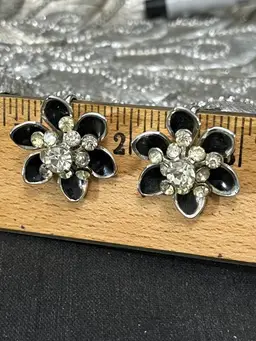Vintage Coro Black Enamel Floral Rhinestone Screwback Earrings