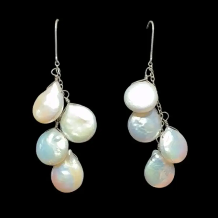 Sterling Silver Fresh Water Tear Drop Pearl Dangle Lever Back Earrings 2.46”, 13.1g