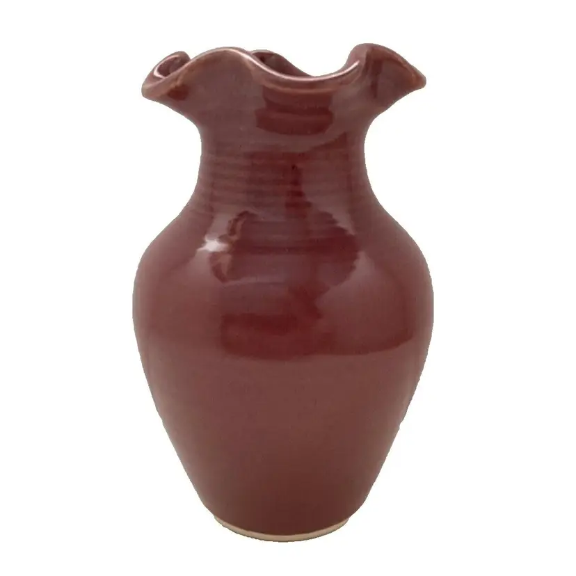 Winding Creek Pottery Vase Burgundy Scalloped Edge 6" Signed