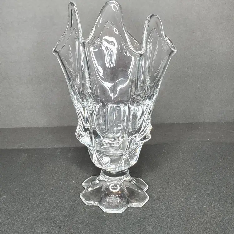 Vintage Fenton Art Glass Valencia Handkerchief Vase Thumbprint Clear Footed MCM