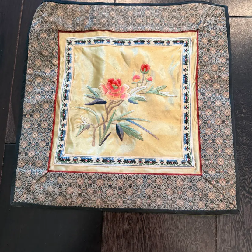 Vintage Chinese Hand Embroidered Silk Panel Flowers On Gold Background 10.75”