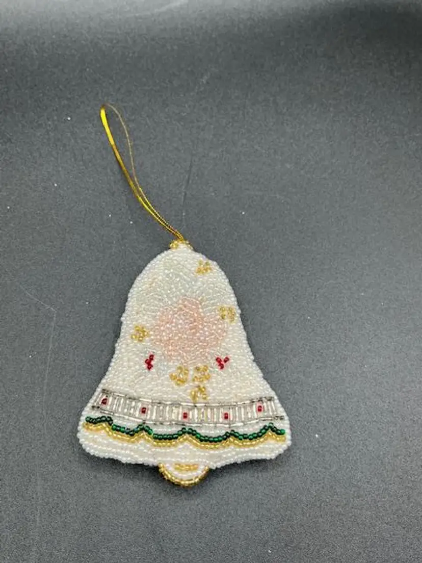 Vintage BEADED BELL Ornament White with Pink Rose in the Center